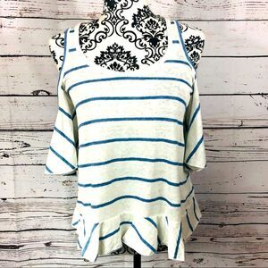 CHASER Striped Linen Cold Shoulder Ruffle Crossover Back Top Shirt White Blue XS